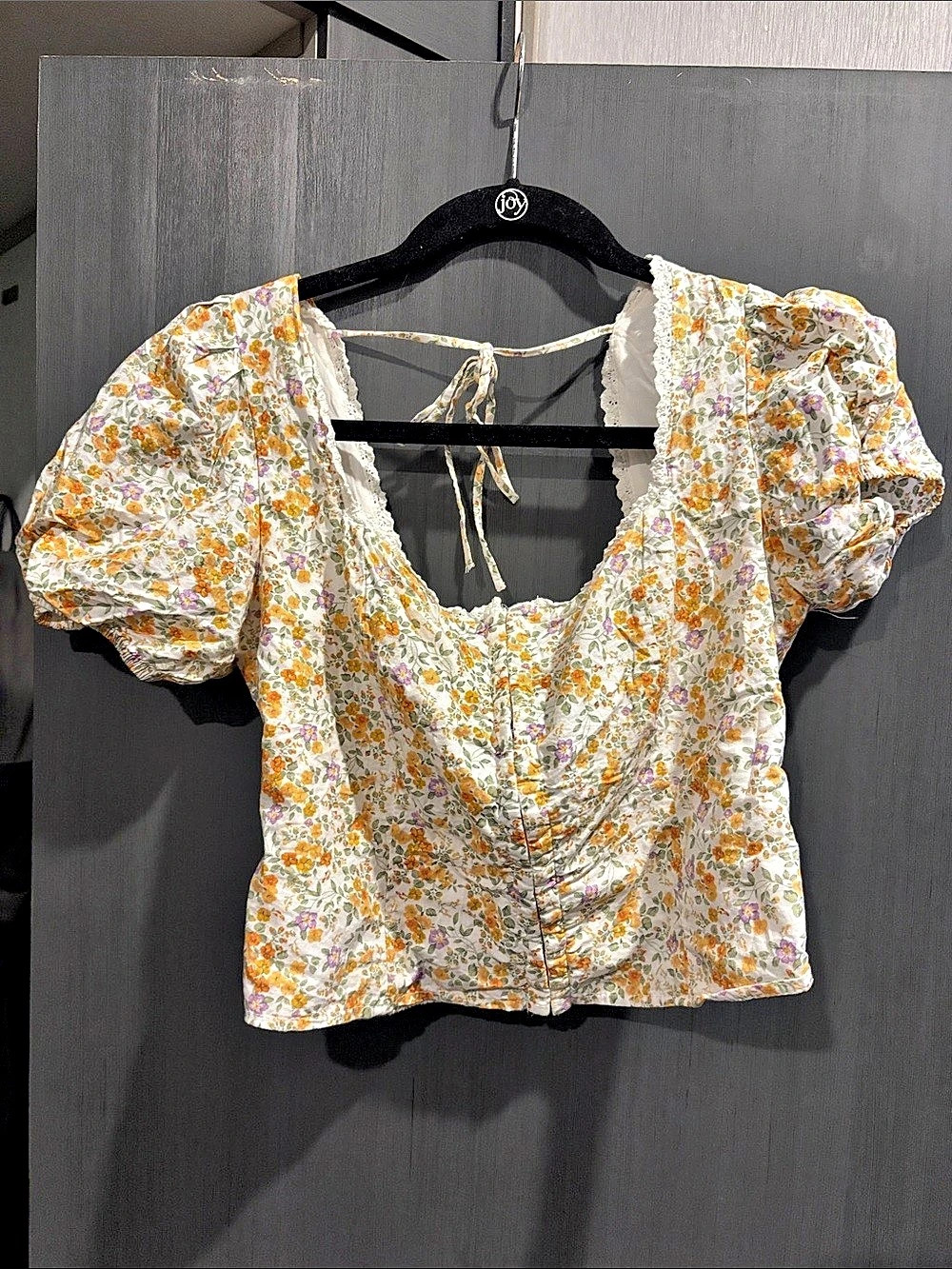 LUSH Floral Puff Sleeve Crop Top in White & Orange